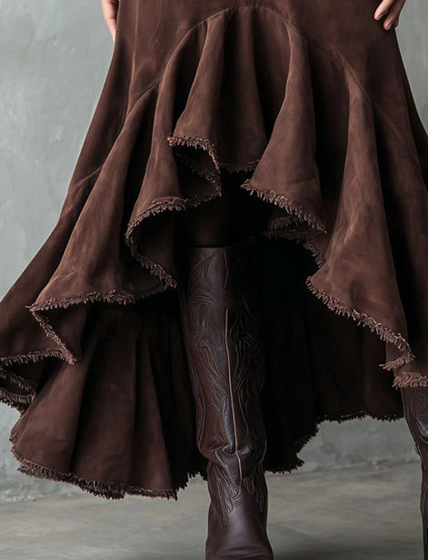 Western-Style Eco Suede High-Low Maxi Skirt - Brown, Ruffle Tiered, Boho Chic LONDYN UPBRINGING