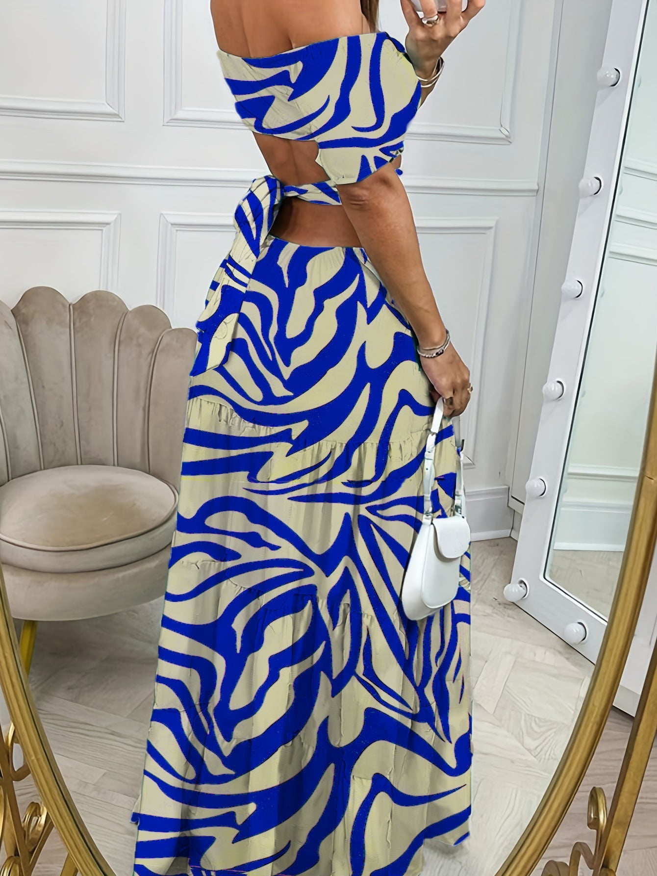 Printed One-Line Collar Long Dress for Women | Summer Vacation Hollow Waist Maxi LONDYN UPBRINGING