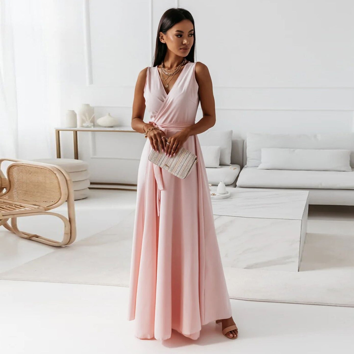 Londyn Women V-Neck Belted Maxi Dress - Sleeveless Evening & Party Wear LONDYN UPBRINGING