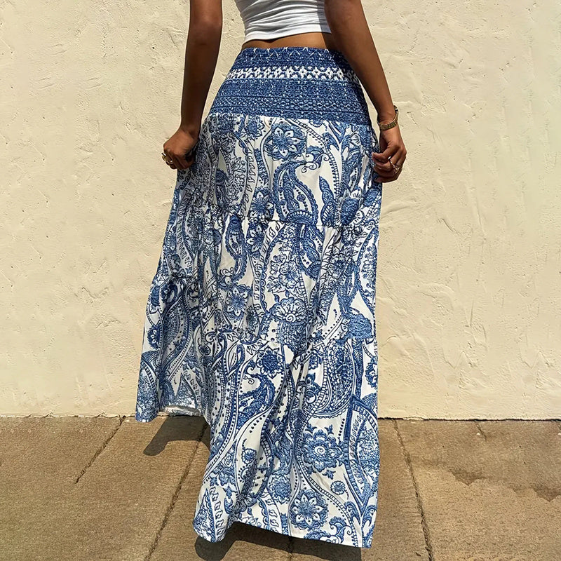 Boho Floral Print Maxi Skirt for Women: Elastic Waist A-Line Long Summer Beach Skirt LONDYN UPBRINGING