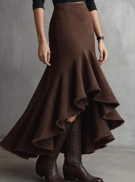 Western-Style Eco Suede High-Low Maxi Skirt - Brown, Ruffle Tiered, Boho Chic LONDYN UPBRINGING