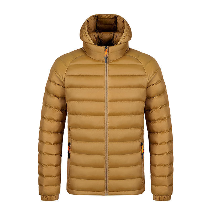 Men’s Winter Lightweight Hooded Coat – Warm Zipper Jacket with Pockets, Portable & Stylish Solid Color Outerwear LONDYN UPBRINGING