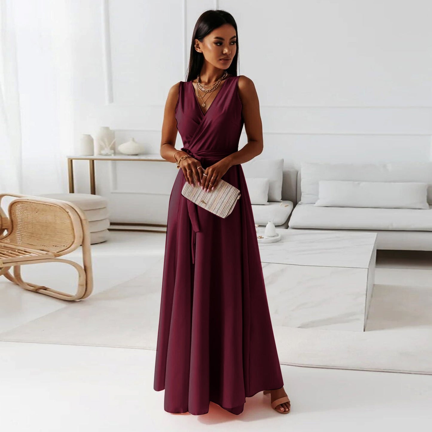 Londyn Women V-Neck Belted Maxi Dress - Sleeveless Evening & Party Wear LONDYN UPBRINGING