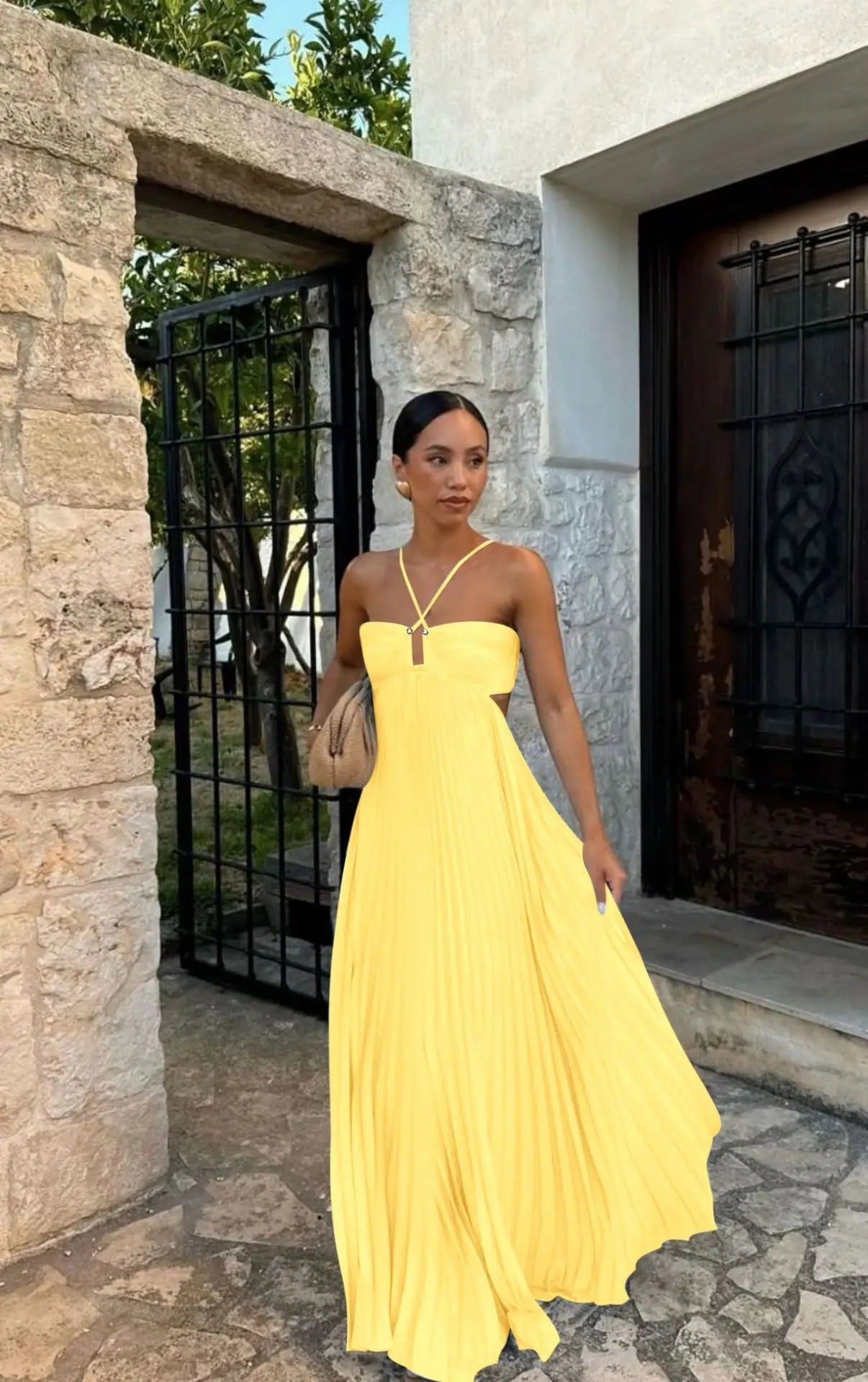 Halter Neck Pleated Midi Dress - Sleeveless Hollow-Out Evening & Club Wear LONDYN UPBRINGING