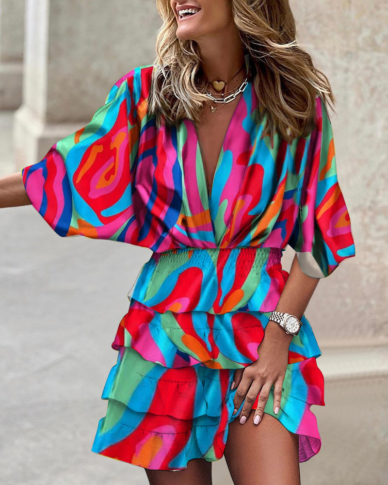 Elegant V-Neck High-Low Dress for Women | Short Sleeve Asymmetrical Hem Midi LONDYN UPBRINGING