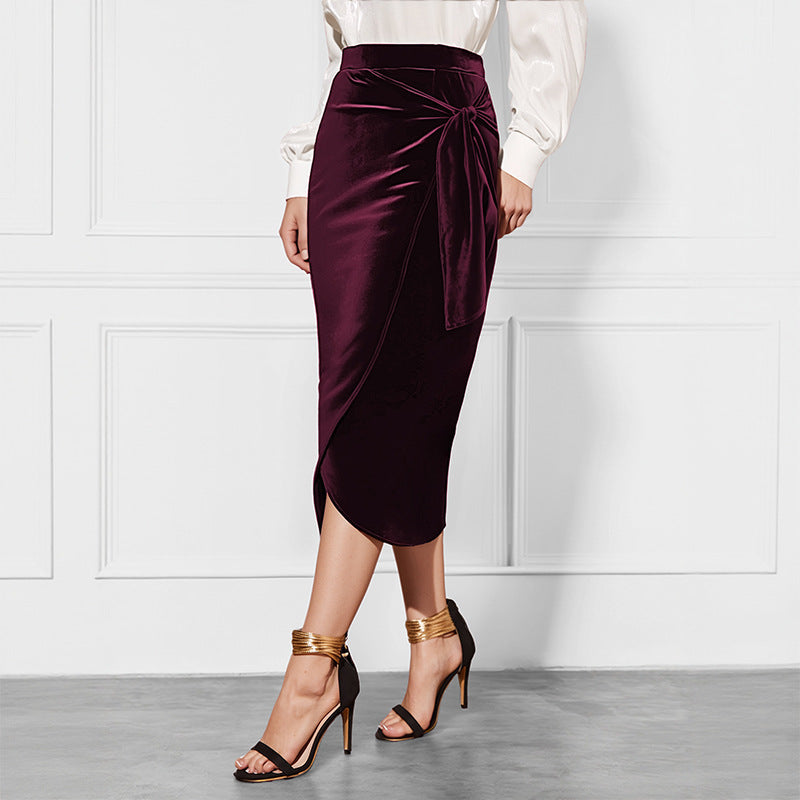 Solid Color Velvet Midi Dress - Temperament Commuter Style, Twisted Detail with Split Hem LONDYN UPBRINGING