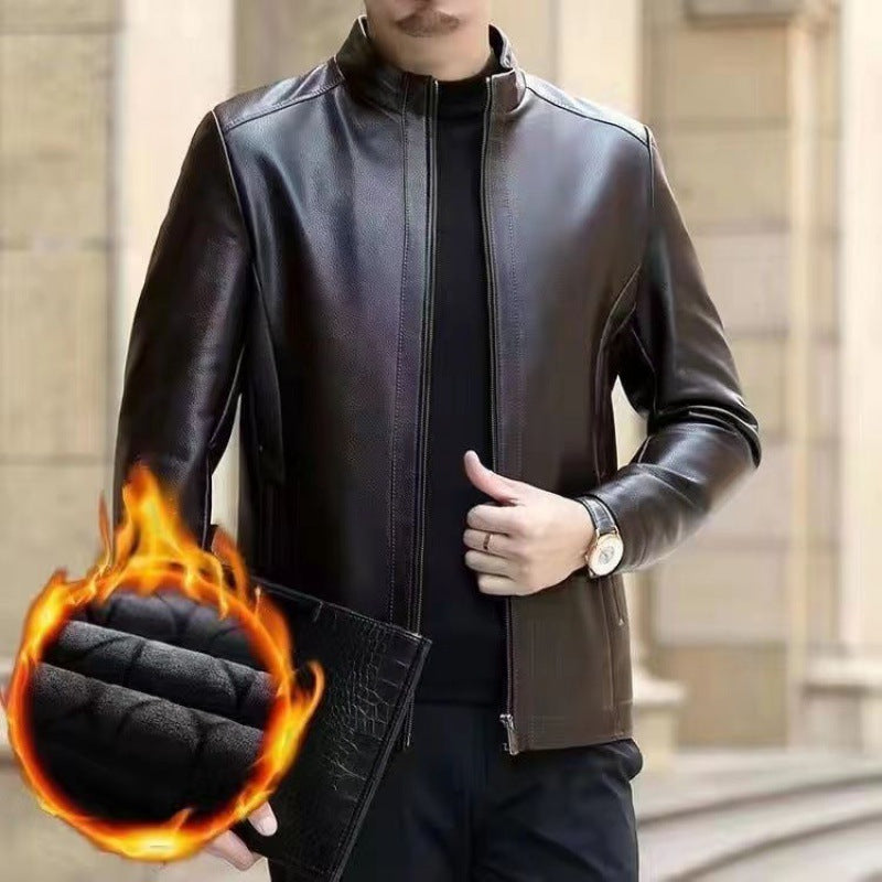 Men’s Leather Jacket – Fleece-Lined Stand Collar Coat for Middle-Aged Style & Winter Warmth LONDYN UPBRINGING