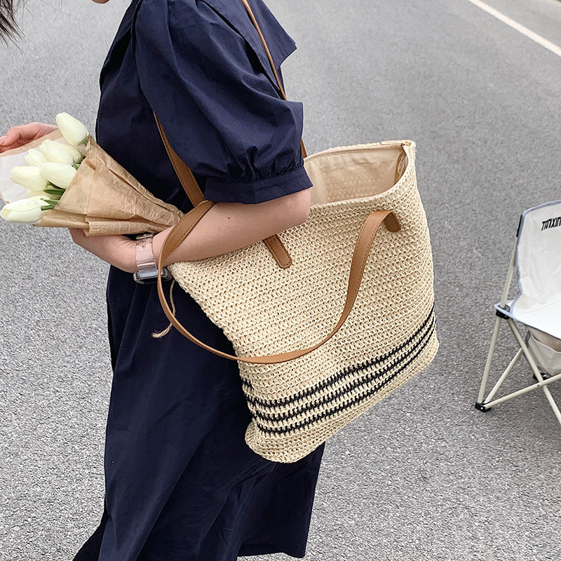 Striped Summer Straw Handbag for Women – Large Capacity Casual Tote Bag LONDYN UPBRINGING