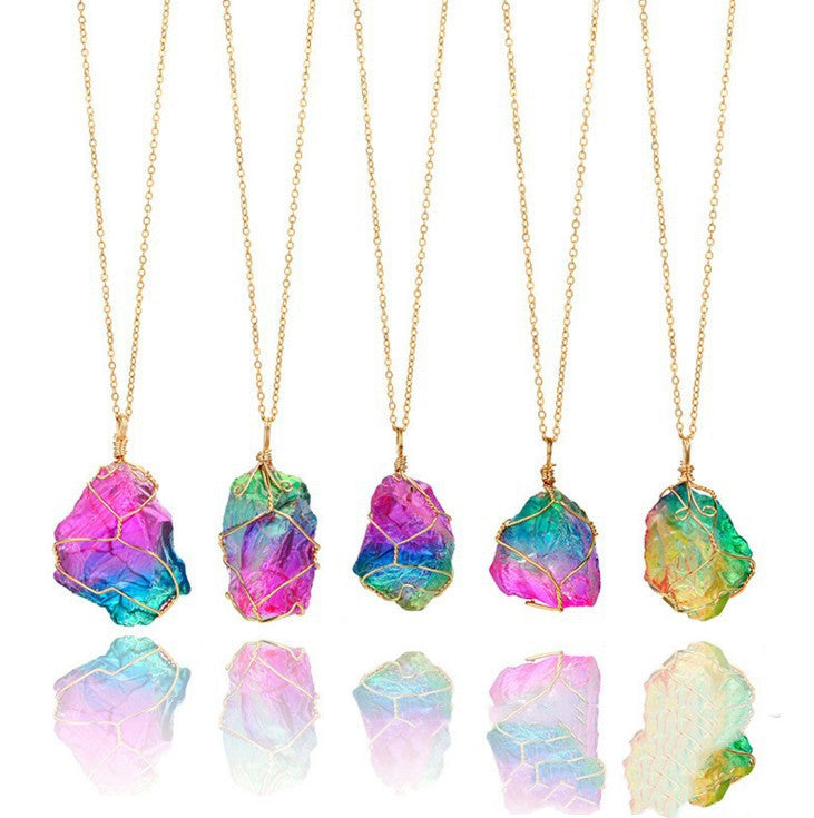 Seven-Color Natural Stone Pendant Necklace | Raw Crystal Rough Stone Wire-Wrapped Jewelry LONDYN UPBRINGING