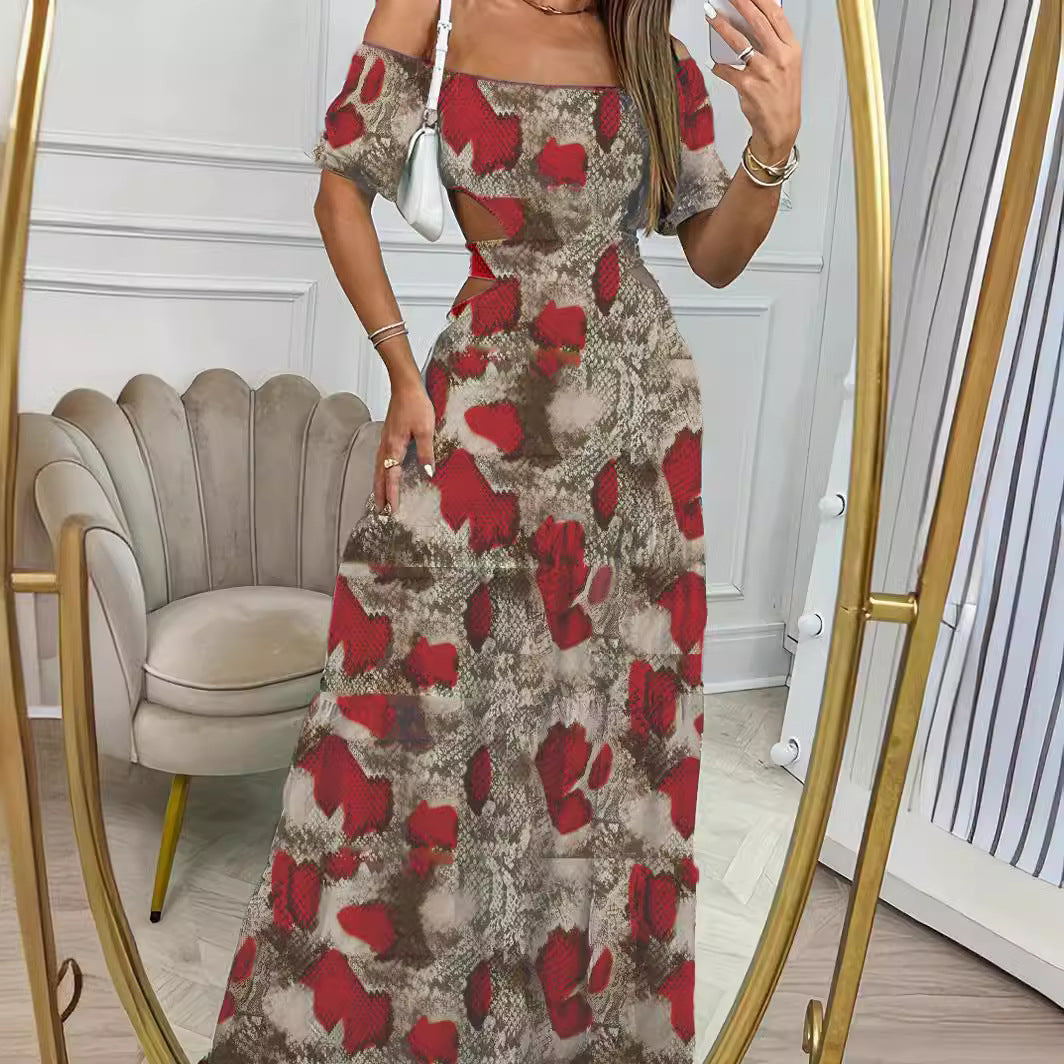 Printed One-Line Collar Long Dress for Women | Summer Vacation Hollow Waist Maxi LONDYN UPBRINGING