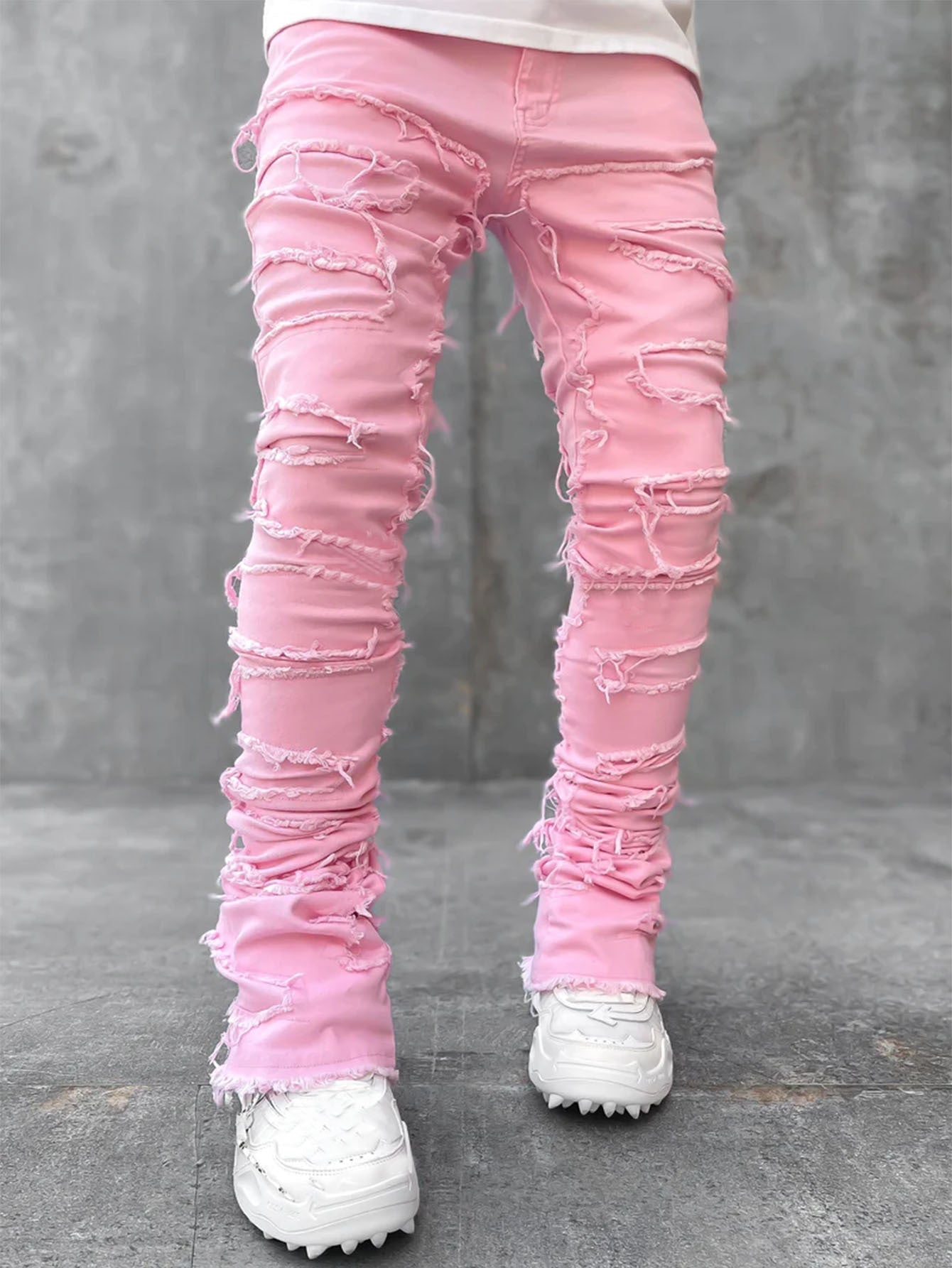 Men’s Patched Stacked Jeans – Long Tight-Fit Fashion Trousers for Trendy Streetwear Style LONDYN UPBRINGING
