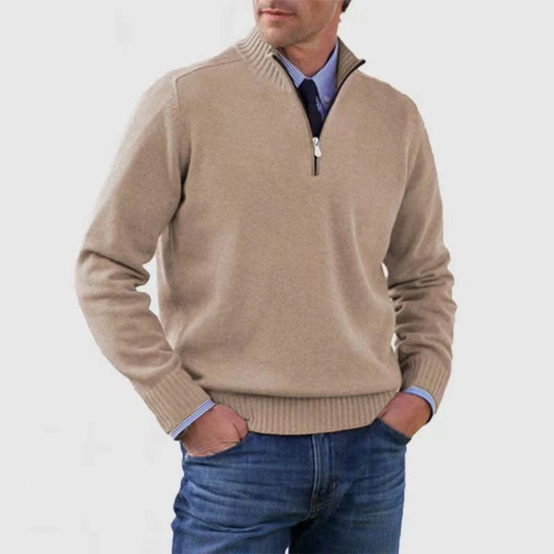 Classic Men's Knit Quarter-Zip Sweater - Solid Color Long Sleeve Stand Collar Top for Winter LONDYN UPBRINGING