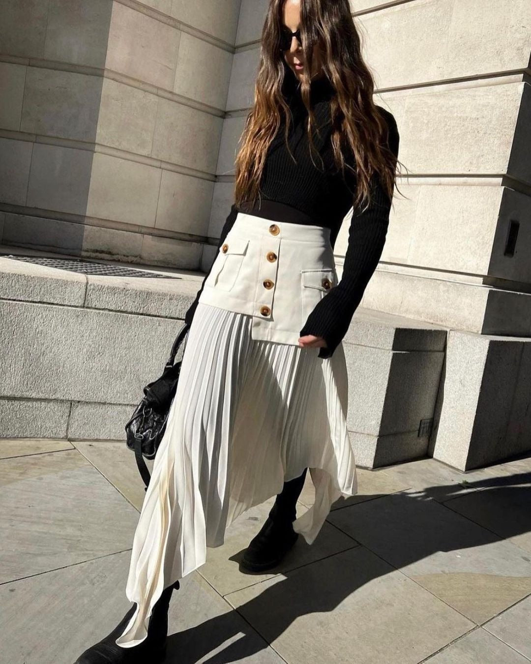 Irregular Hem Chiffon Stitching Pleated Skirt - Multi-Button Detail, A-Line Midi with Pockets LONDYN UPBRINGING