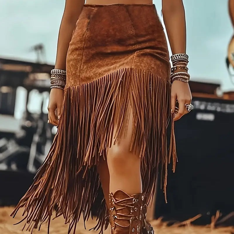Women's Boho Fringe Midi Skirt | Western Style Asymmetrical Hem Denim-Look Skirt LONDYN UPBRINGING