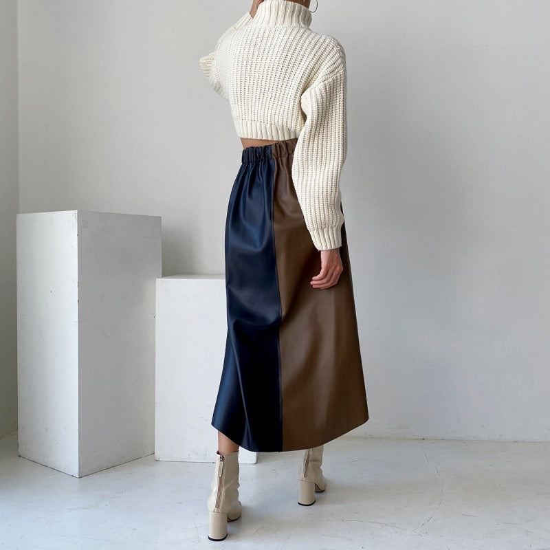 French Chic Retro Multi-Color Mosaic Faux Leather Skirt - Temperament, High-Waist A-Line LONDYN UPBRINGING