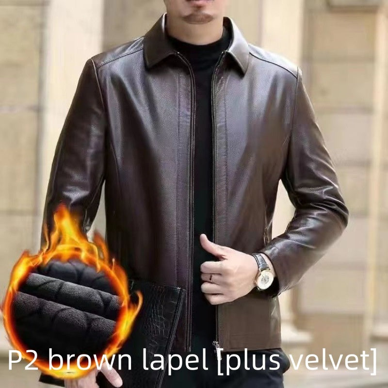 Men’s Leather Jacket – Fleece-Lined Stand Collar Coat for Middle-Aged Style & Winter Warmth LONDYN UPBRINGING