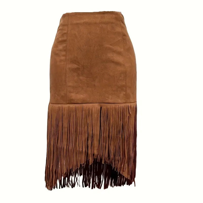 Women's Boho Fringe Midi Skirt | Western Style Asymmetrical Hem Denim-Look Skirt LONDYN UPBRINGING