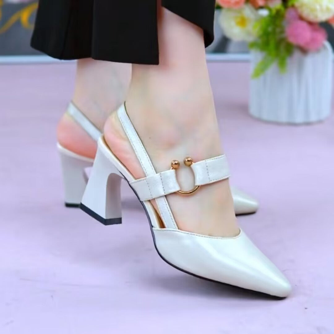 Women's Leather Slingback Closed Toe High Heels: Chunky Block Heel Dress Pumps LONDYN UPBRINGING