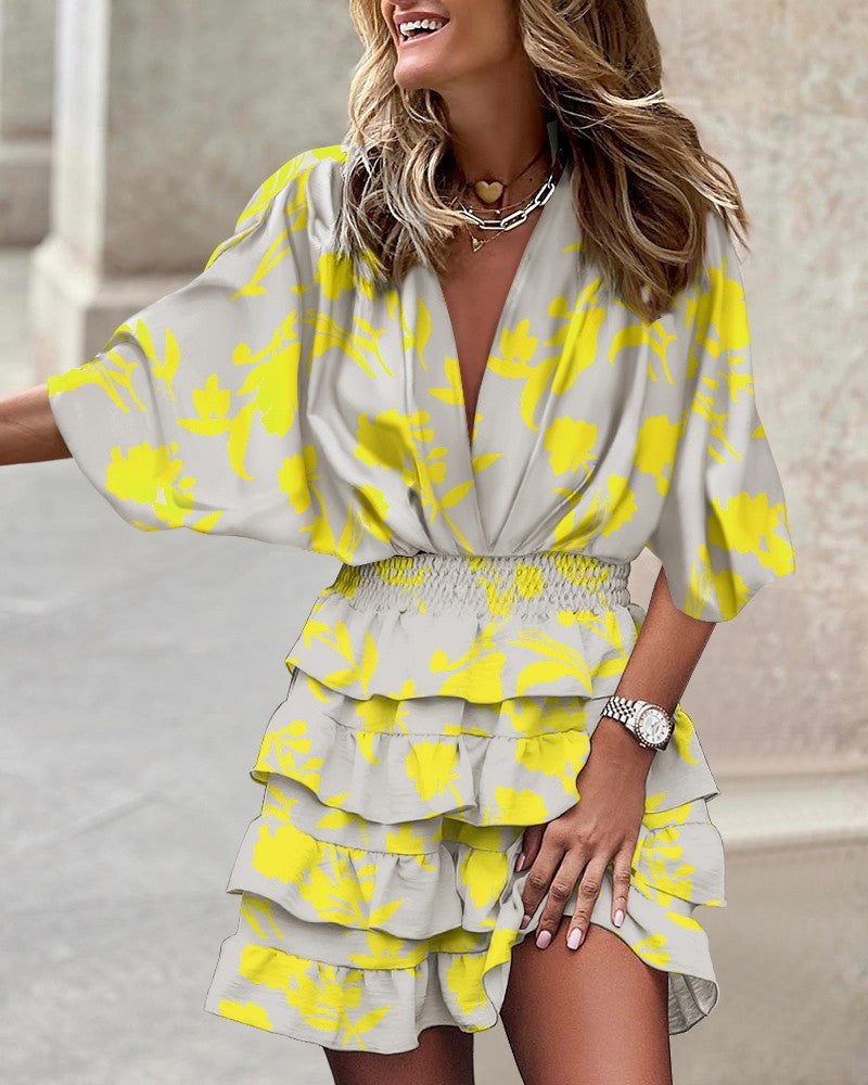 Elegant V-Neck High-Low Dress for Women | Short Sleeve Asymmetrical Hem Midi LONDYN UPBRINGING