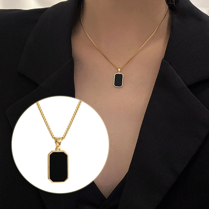 18K Gold Plated Titanium Steel Rectangular Pendant Necklace | Non-Fading Small Black Bar Jewelry for Men & Women LONDYN UPBRINGING
