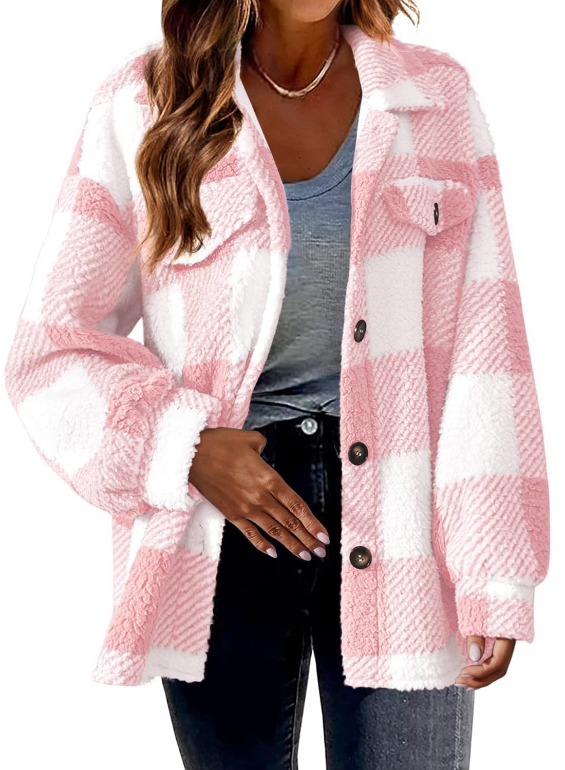 Women's Soft Sherpa Lamb Fleece Jacket: Button-Front Cozy Winter Teddy Coat LONDYN UPBRINGING