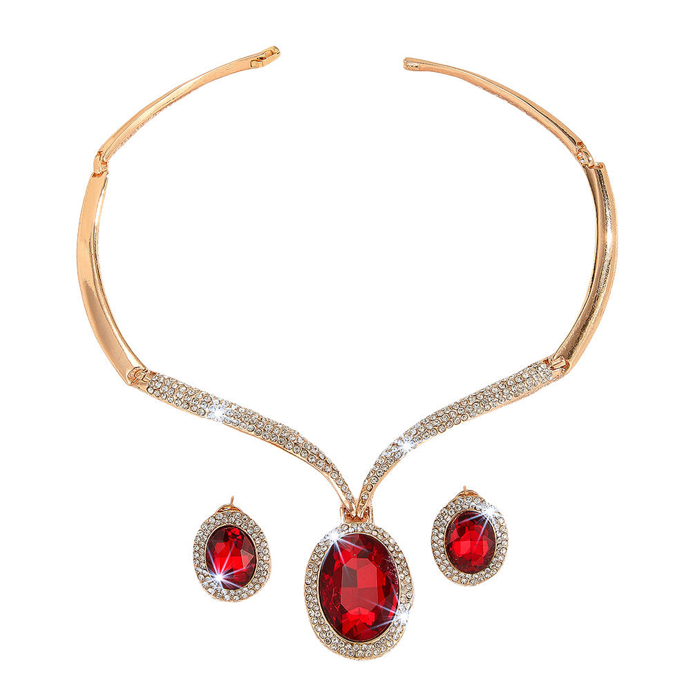 Ruby Red Crystal & Gold Rhinestone Necklace and Earrings Bridal Set LONDYN UPBRINGING
