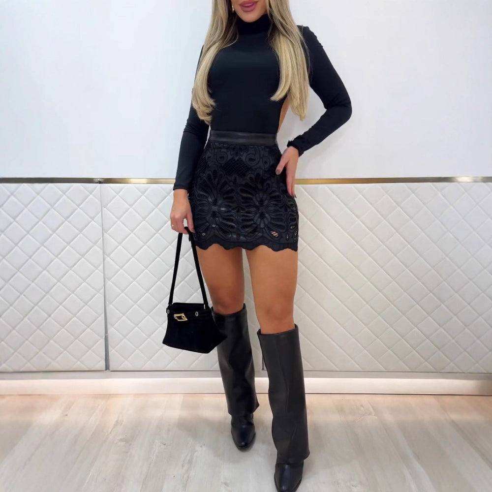 Solid Color PU Leather Mini Skirt - Hip-Hugging, Hollow Pattern & Zipper Patchwork Commuter Style LONDYN UPBRINGING