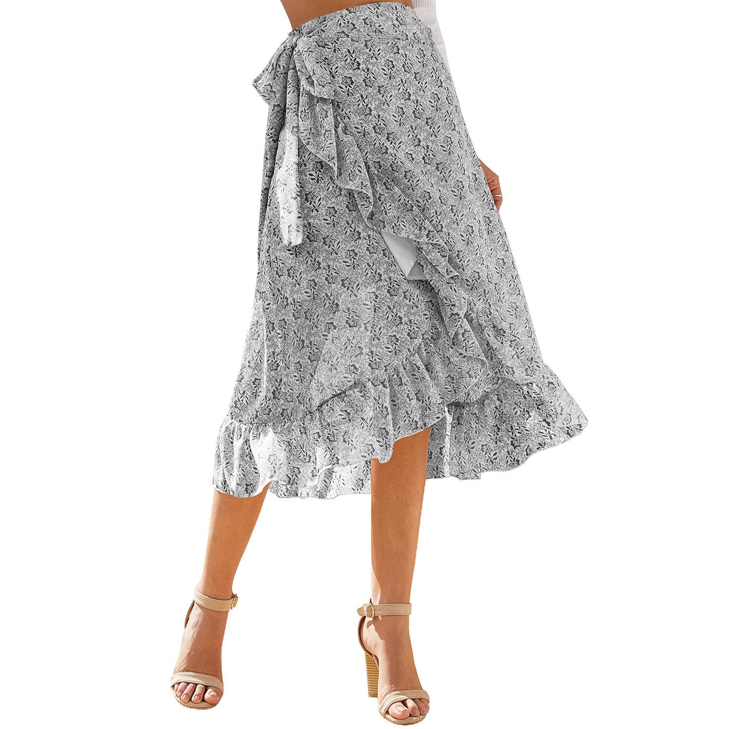 Woman Skirts High Waist Fashion Long Black Knotted Tied Wrap Floral Ruffle Chiffon A-Line Split Skirt Spring Summer Clothes LONDYN UPBRINGING