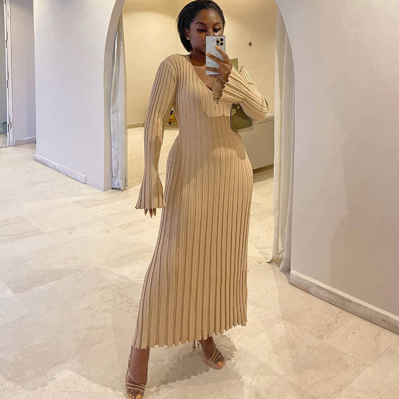 Casual V-Neck Ribbed Knit Maxi Dress for Women | Slim Fit Pit-Striped LONDYN UPBRINGING