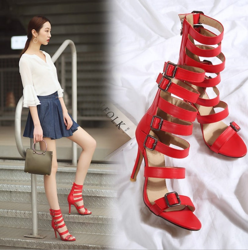Women's British Style High Tube Sandals: Sexy Roman Gladiator Belt Buckle Stiletto Boots LONDYN UPBRINGING