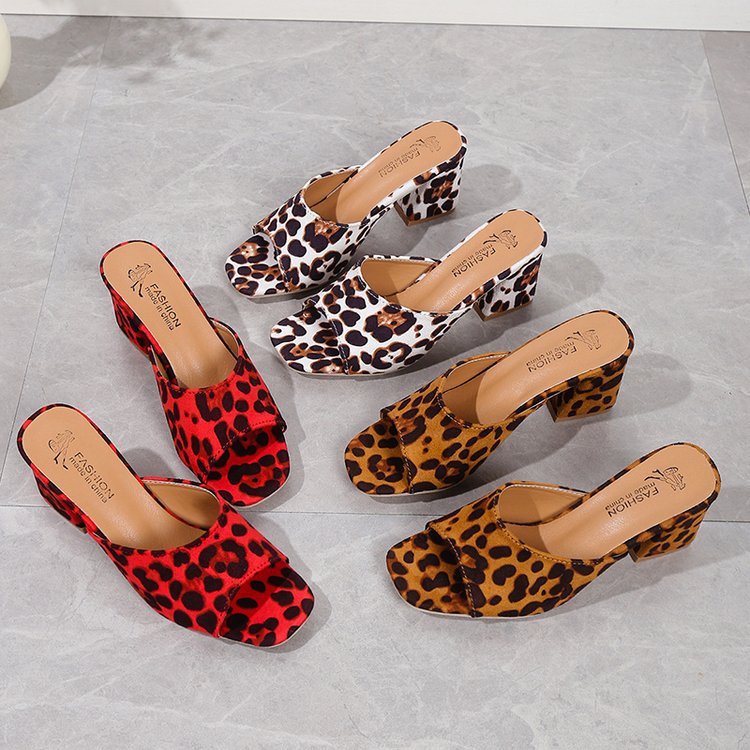 Leopard Chunky Heel Sandals | Women's Square Toe Slides LONDYN UPBRINGING