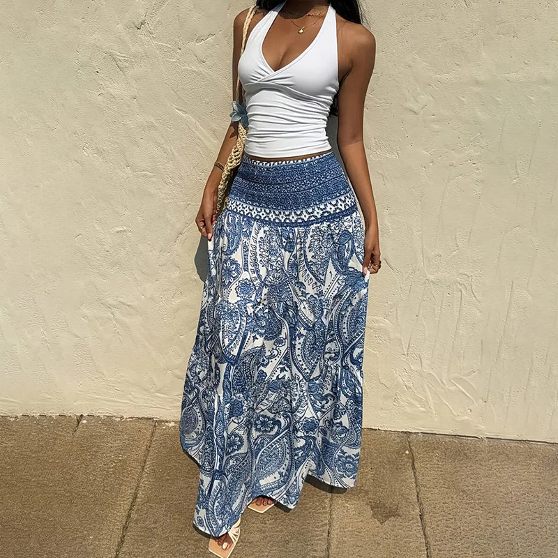 Boho Floral Print Maxi Skirt for Women: Elastic Waist A-Line Long Summer Beach Skirt LONDYN UPBRINGING