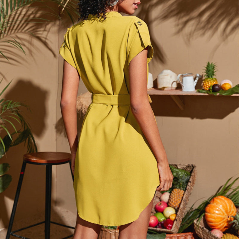 Summer V-Neck Short Sleeve Dress with Belt | Fashion Bowknot Waist A-Line LONDYN UPBRINGING