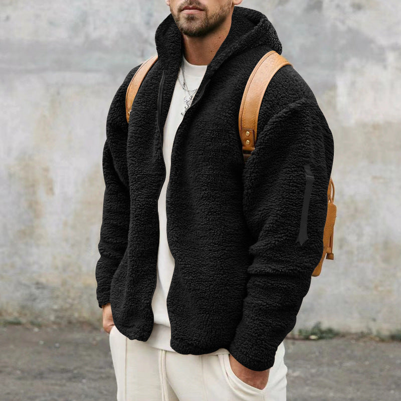 Men’s Plush Fleece Hooded Jacket – Double-Sided Warm Zipper Coat for Autumn & Winter Outdoor Casual Wear LONDYN UPBRINGING