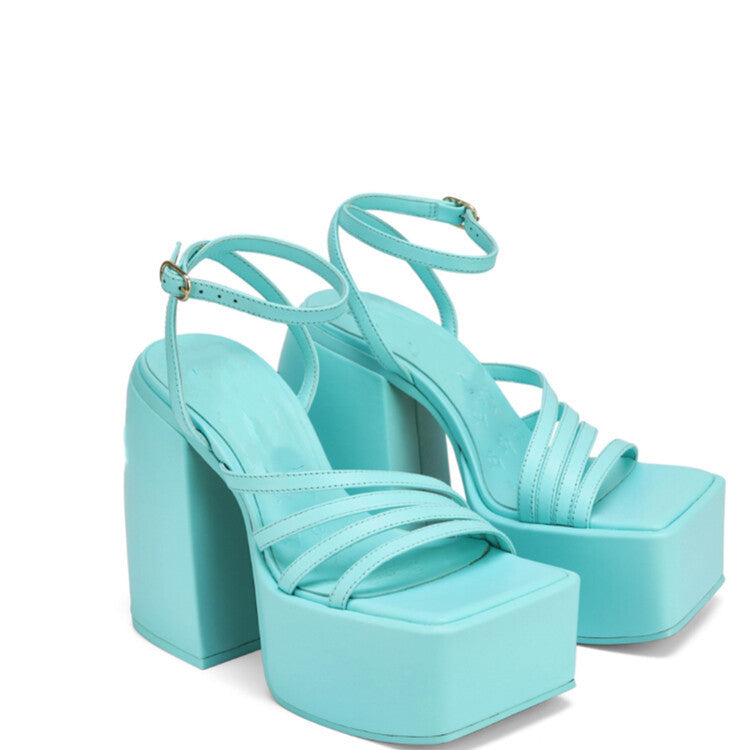 Women's Square Toe Platform Chunky Sandals: Solid Color One-Band Block Heels LONDYN UPBRINGING