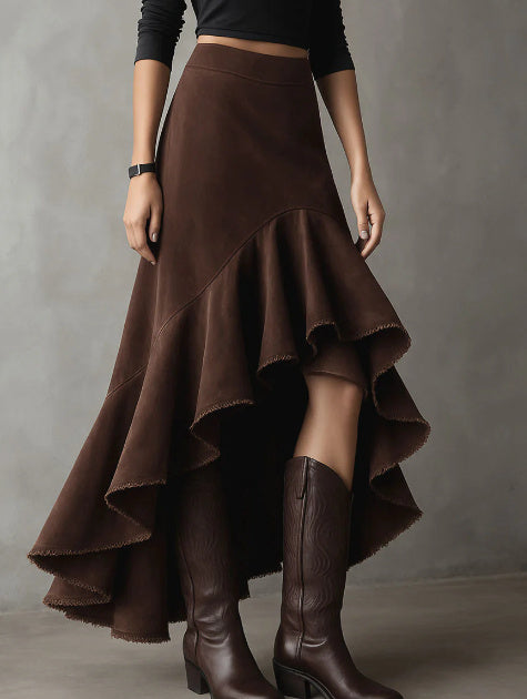 Western-Style Eco Suede High-Low Maxi Skirt - Brown, Ruffle Tiered, Boho Chic LONDYN UPBRINGING