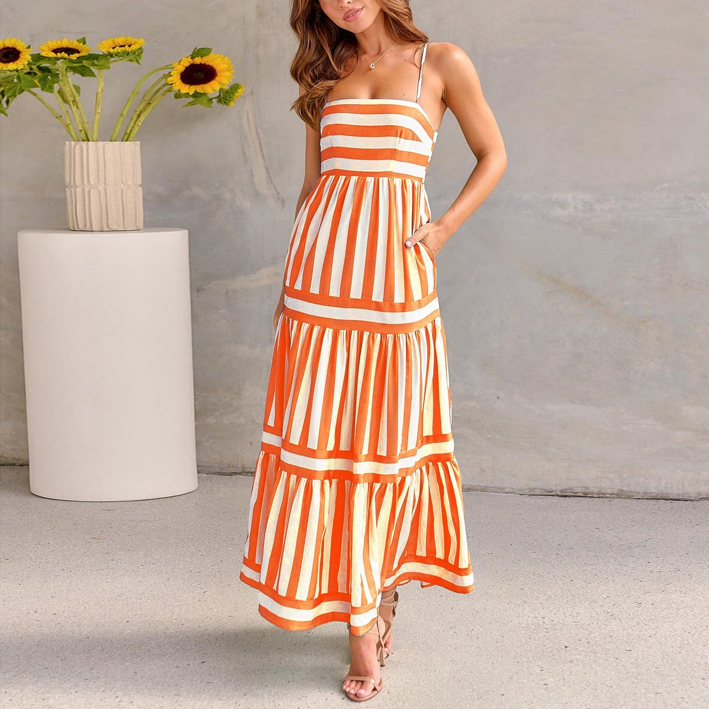 Striped Maxi Beach Dress - Square Neck Backless Suspender Dress w/ Pockets LONDYN UPBRINGING