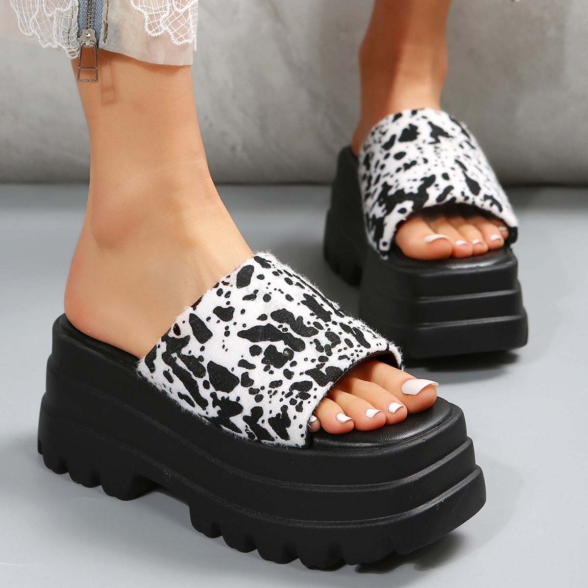 Women's Cow Print Peep Toe Slip-On Sandals: Summer Fashion Flat/Mid High Heel Mules LONDYN UPBRINGING