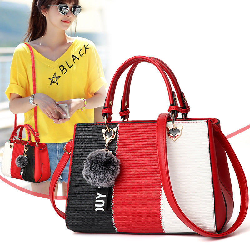 Women’s Patchwork Handbag with Hairball Ornament – Elegant Tote & Crossbody Shoulder Bag for Parties LONDYN UPBRINGING