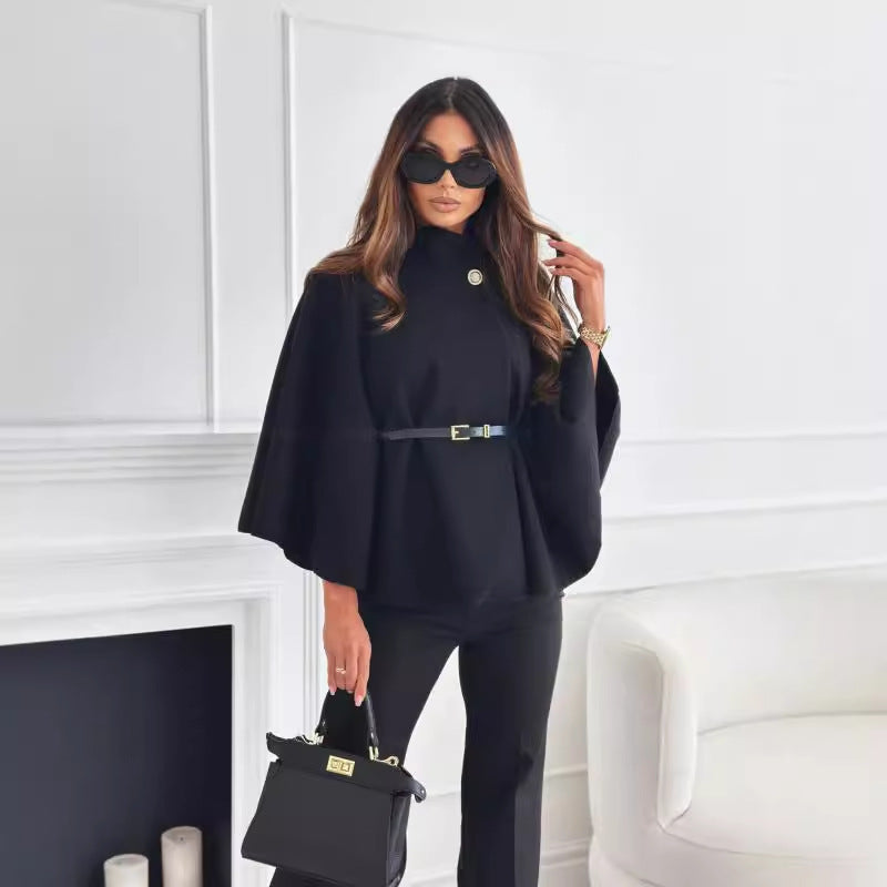 Women's Wool-Blend Cape Coat: Stand Collar Batwing Sleeves & Belted Temperament Jacket LONDYN UPBRINGING