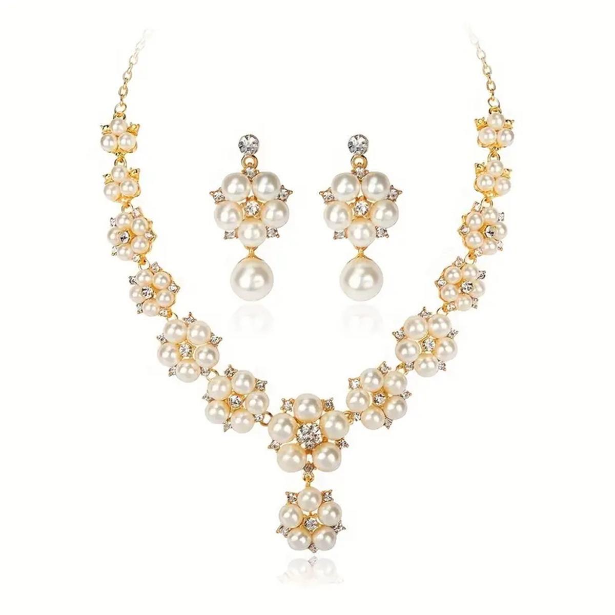 3-Pc Vintage Pearl & Rhinestone Jewelry Set | Short Alloy Clavicle Chain Necklace & Earrings LONDYN UPBRINGING