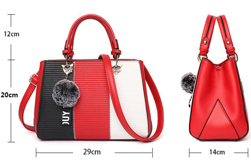 Women’s Patchwork Handbag with Hairball Ornament – Elegant Tote & Crossbody Shoulder Bag for Parties LONDYN UPBRINGING