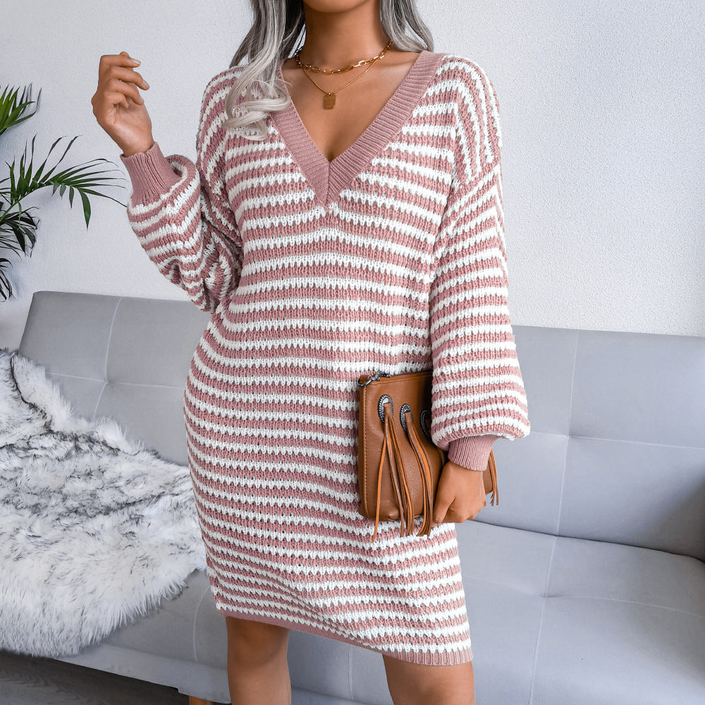 Striped V-Neck Sweater Dress for Women | Long Sleeve Slim Knit Mini LONDYN UPBRINGING