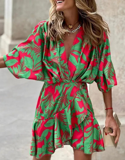 Elegant V-Neck High-Low Dress for Women | Short Sleeve Asymmetrical Hem Midi LONDYN UPBRINGING