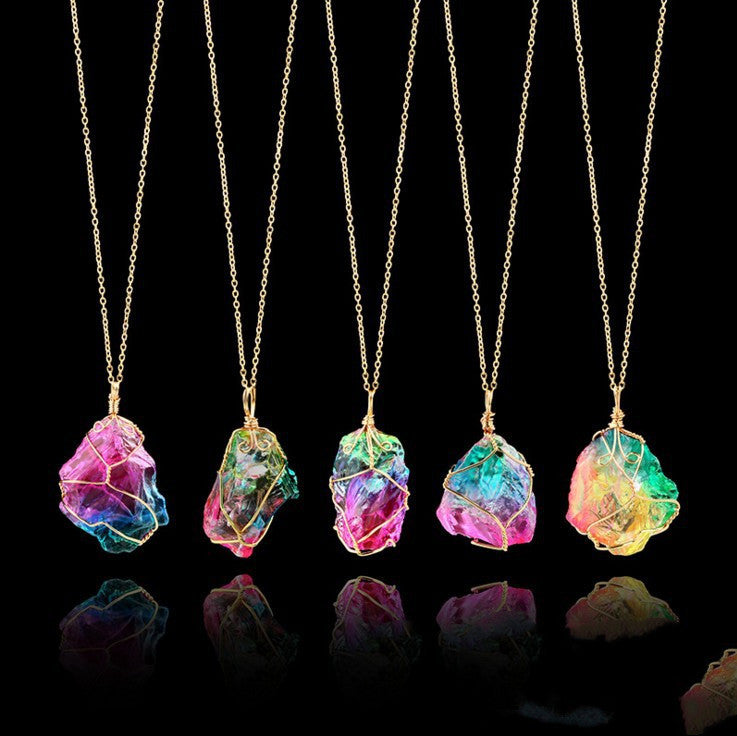 Seven-Color Natural Stone Pendant Necklace | Raw Crystal Rough Stone Wire-Wrapped Jewelry LONDYN UPBRINGING