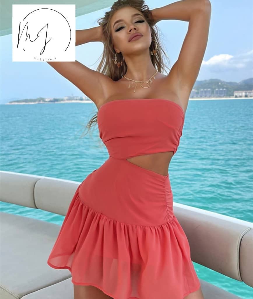 Off Shoulder Cut-Out Ruffle Pink Dresses LONDYN UPBRINGING
