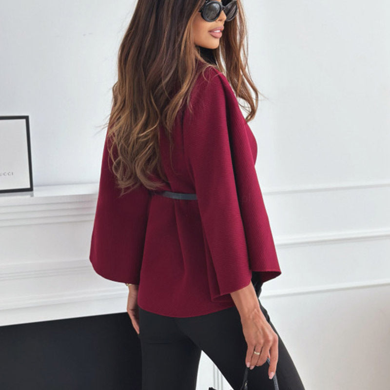 Women's Wool-Blend Cape Coat: Stand Collar Batwing Sleeves & Belted Temperament Jacket LONDYN UPBRINGING