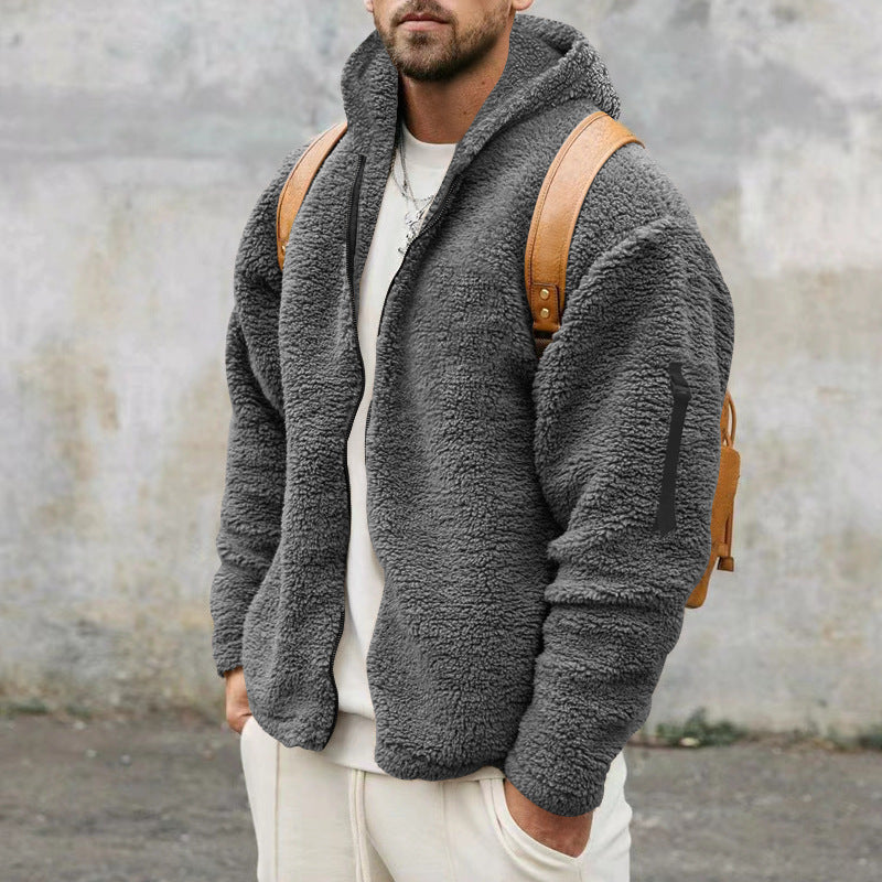Men’s Plush Fleece Hooded Jacket – Double-Sided Warm Zipper Coat for Autumn & Winter Outdoor Casual Wear LONDYN UPBRINGING