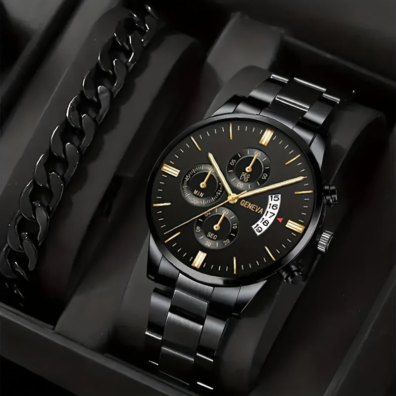 2PCS Men’s Quartz Watch & Bracelet Set – Steel Strip Fashion Business Watches, Perfect Valentine’s Gift LONDYN UPBRINGING