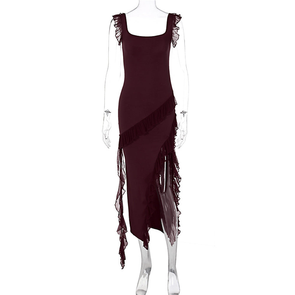 Elegant Ruffle Thigh-High Split Dress for Women | Sexy Spaghetti Strap Backless Evening Gown LONDYN UPBRINGING